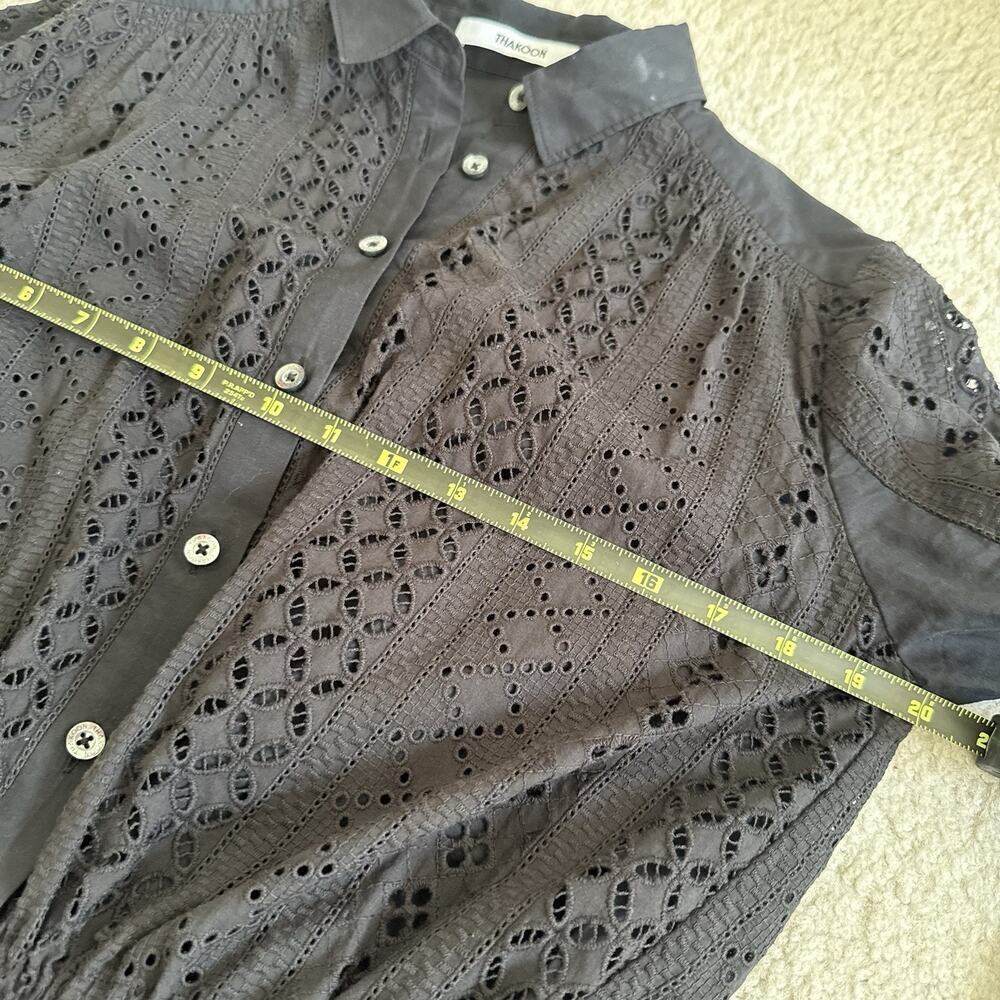 THAKOON Black Eyelet Lace Ruffle Hem Button Down Silk Cotton Mini Shirt Dress 0 - Picture 12 of 15